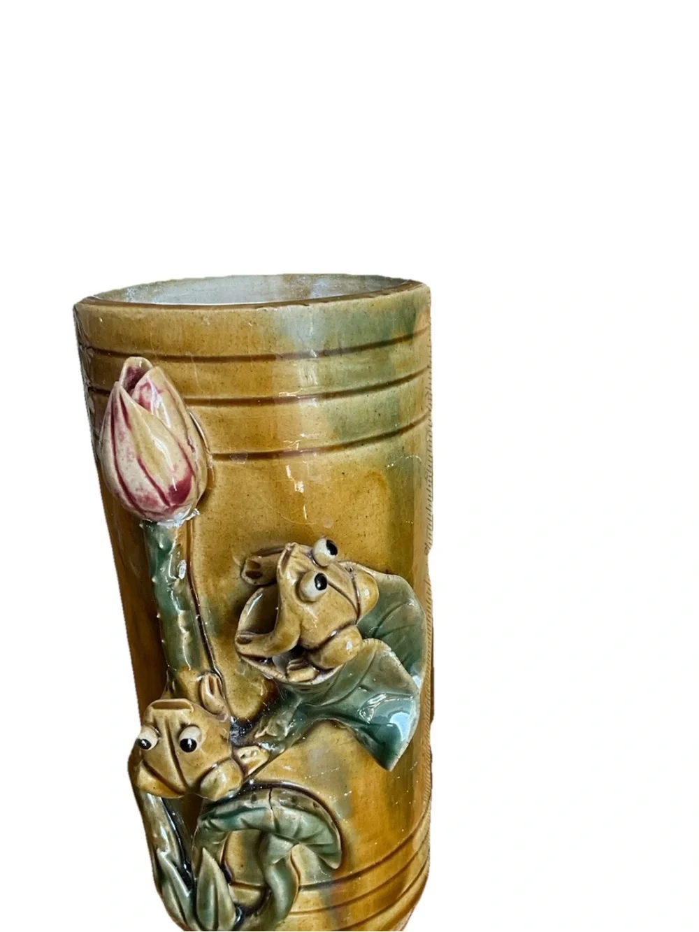 Vintage Art Pottery Majolica Style Vase Bamboo Frogs Lilly Pad Signed 8.5”